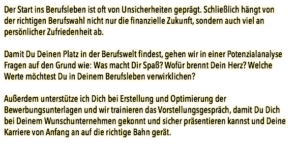 Der Start ins Berufsleben ist oft von Unsicherheiten geprägt. Schließlich hängt von der richtigen Berufswahl nicht nur die finanzielle Zukunft, sondern auch viel an persönlicher Zufriedenheit ab. Damit Du Deinen Platz in der Berufswelt findest, gehen wir in einer Potenzialanalyse Fragen auf den Grund wie: Was macht Dir Spaß? Wofür brennt Dein Herz? Welche Werte möchtest Du in Deinem Berufsleben verwirklichen? Außerdem unterstütze ich Dich bei Erstellung und Optimierung der Bewerbungsunterlagen und wir trainieren das Vorstellungsgespräch, damit Du Dich bei Deinem Wunschunternehmen gekonnt und sicher präsentieren kannst und Deine Karriere von Anfang an auf die richtige Bahn gerät. 